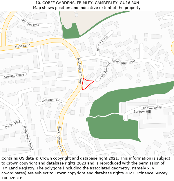 10, CORFE GARDENS, FRIMLEY, CAMBERLEY, GU16 8XN: Location map and indicative extent of plot