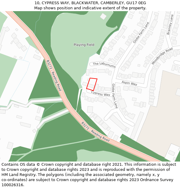 10, CYPRESS WAY, BLACKWATER, CAMBERLEY, GU17 0EG: Location map and indicative extent of plot