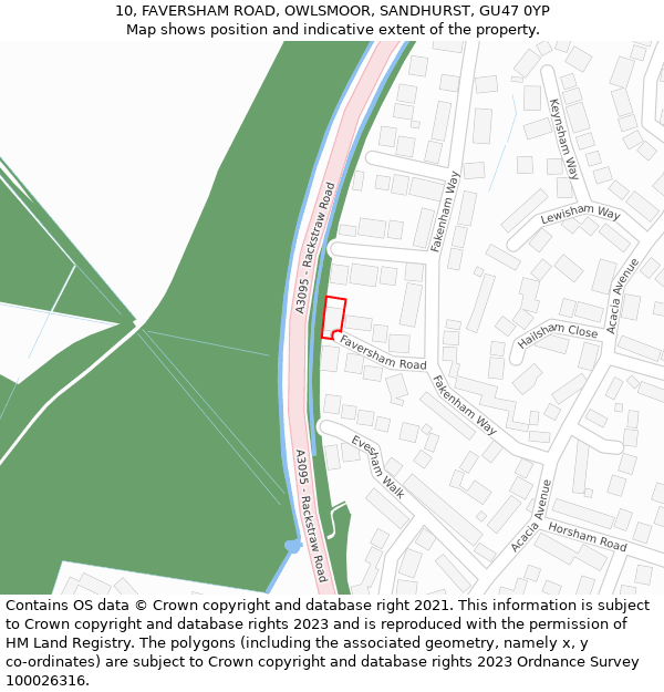 10, FAVERSHAM ROAD, OWLSMOOR, SANDHURST, GU47 0YP: Location map and indicative extent of plot