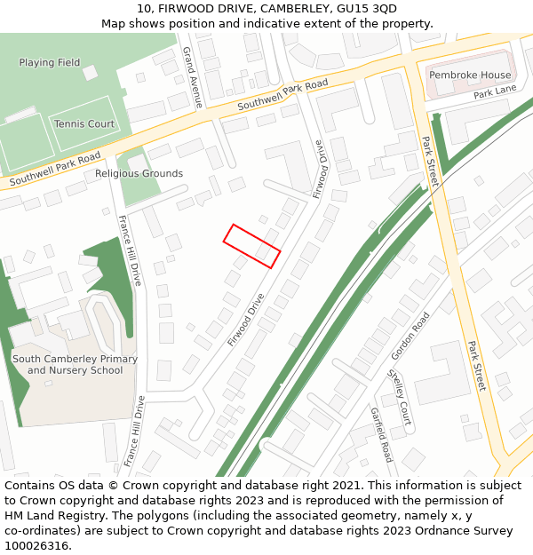 10, FIRWOOD DRIVE, CAMBERLEY, GU15 3QD: Location map and indicative extent of plot