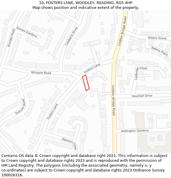 10, FOSTERS LANE, WOODLEY, READING, RG5 4HP: Location map and indicative extent of plot