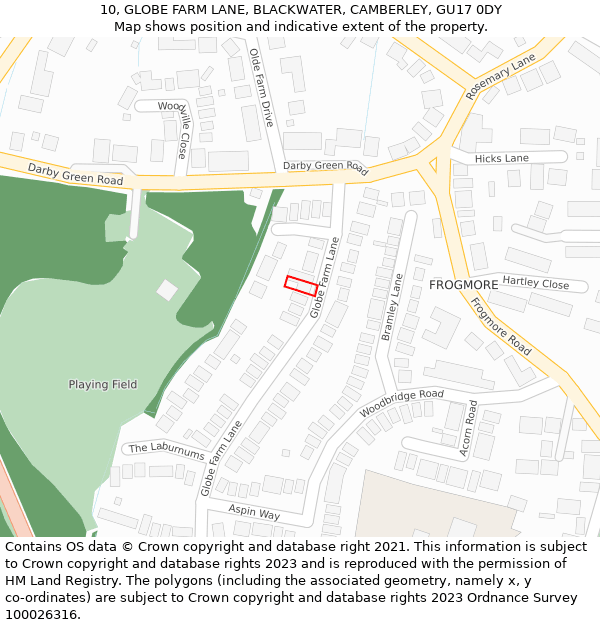 10, GLOBE FARM LANE, BLACKWATER, CAMBERLEY, GU17 0DY: Location map and indicative extent of plot