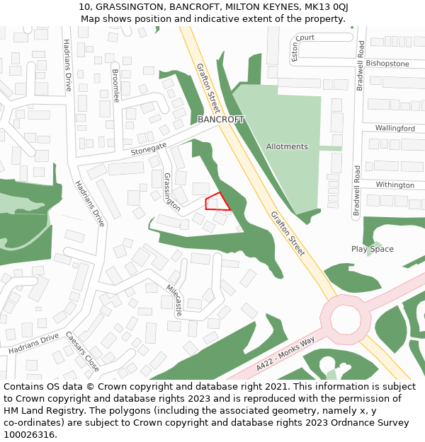 10, GRASSINGTON, BANCROFT, MILTON KEYNES, MK13 0QJ: Location map and indicative extent of plot