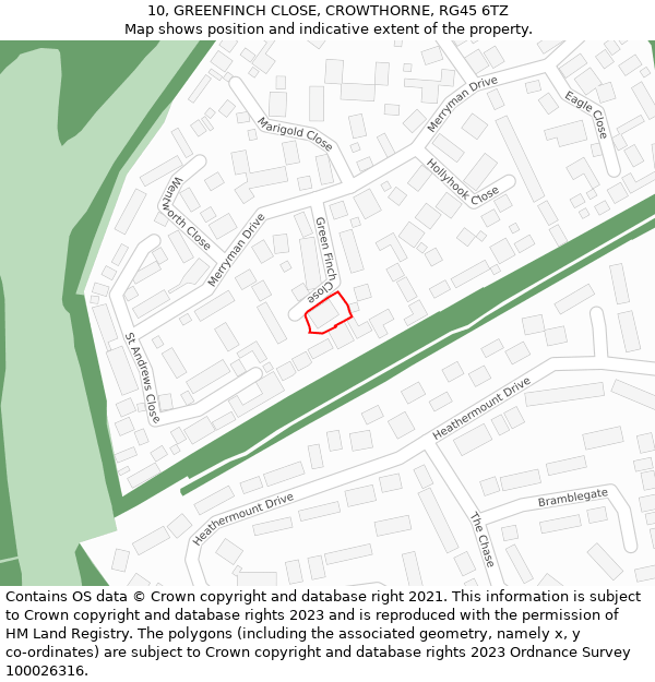 10, GREENFINCH CLOSE, CROWTHORNE, RG45 6TZ: Location map and indicative extent of plot