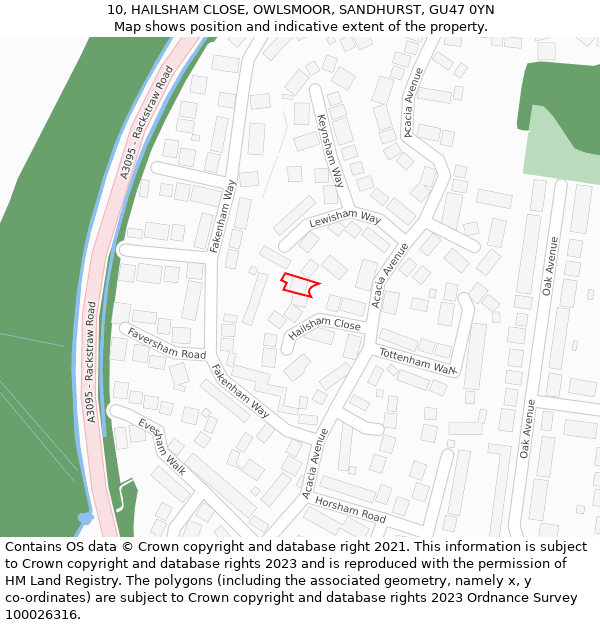 10, HAILSHAM CLOSE, OWLSMOOR, SANDHURST, GU47 0YN: Location map and indicative extent of plot