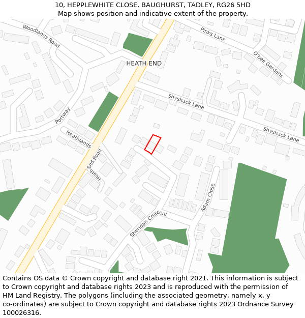 10, HEPPLEWHITE CLOSE, BAUGHURST, TADLEY, RG26 5HD: Location map and indicative extent of plot
