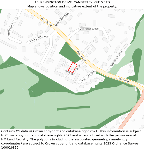 10, KENSINGTON DRIVE, CAMBERLEY, GU15 1FD: Location map and indicative extent of plot