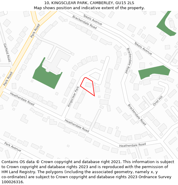 10, KINGSCLEAR PARK, CAMBERLEY, GU15 2LS: Location map and indicative extent of plot