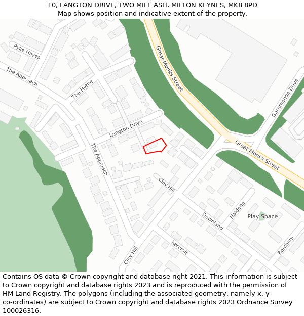 10, LANGTON DRIVE, TWO MILE ASH, MILTON KEYNES, MK8 8PD: Location map and indicative extent of plot