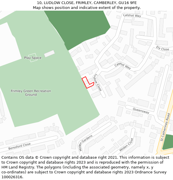 10, LUDLOW CLOSE, FRIMLEY, CAMBERLEY, GU16 9FE: Location map and indicative extent of plot