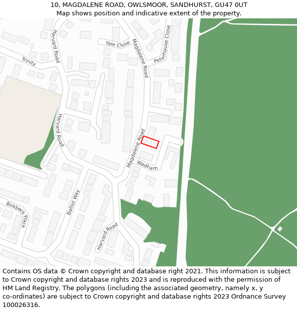 10, MAGDALENE ROAD, OWLSMOOR, SANDHURST, GU47 0UT: Location map and indicative extent of plot