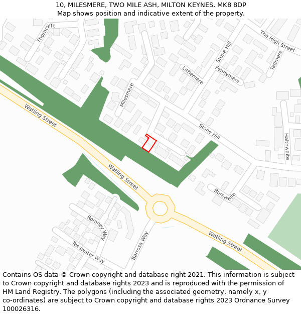 10, MILESMERE, TWO MILE ASH, MILTON KEYNES, MK8 8DP: Location map and indicative extent of plot