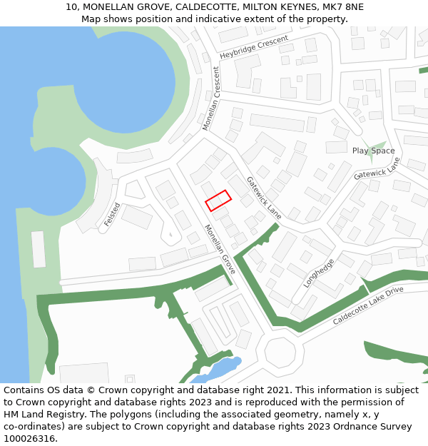 10, MONELLAN GROVE, CALDECOTTE, MILTON KEYNES, MK7 8NE: Location map and indicative extent of plot