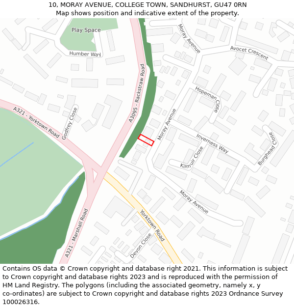 10, MORAY AVENUE, COLLEGE TOWN, SANDHURST, GU47 0RN: Location map and indicative extent of plot