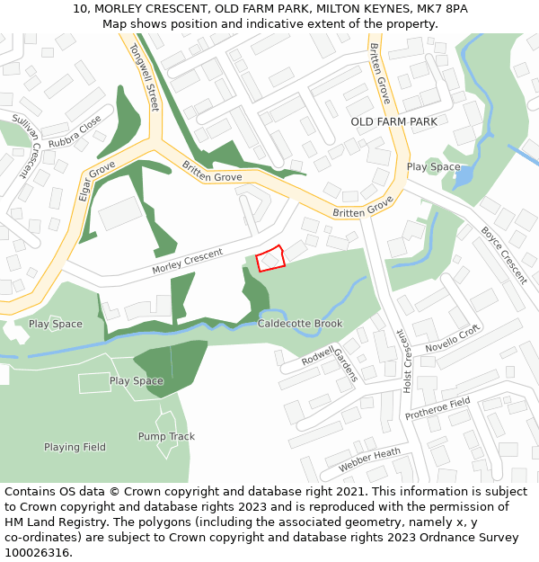 10, MORLEY CRESCENT, OLD FARM PARK, MILTON KEYNES, MK7 8PA: Location map and indicative extent of plot