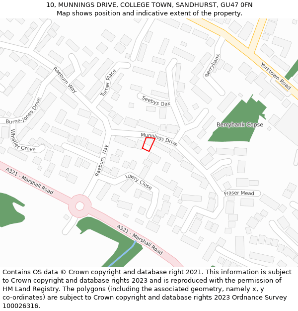 10, MUNNINGS DRIVE, COLLEGE TOWN, SANDHURST, GU47 0FN: Location map and indicative extent of plot