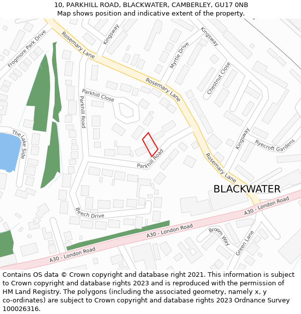 10, PARKHILL ROAD, BLACKWATER, CAMBERLEY, GU17 0NB: Location map and indicative extent of plot