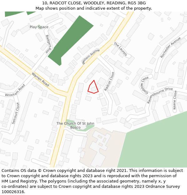 10, RADCOT CLOSE, WOODLEY, READING, RG5 3BG: Location map and indicative extent of plot