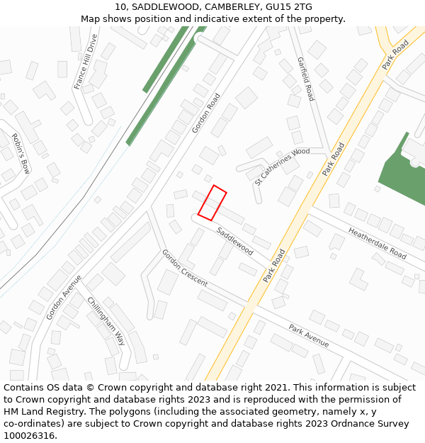 10, SADDLEWOOD, CAMBERLEY, GU15 2TG: Location map and indicative extent of plot