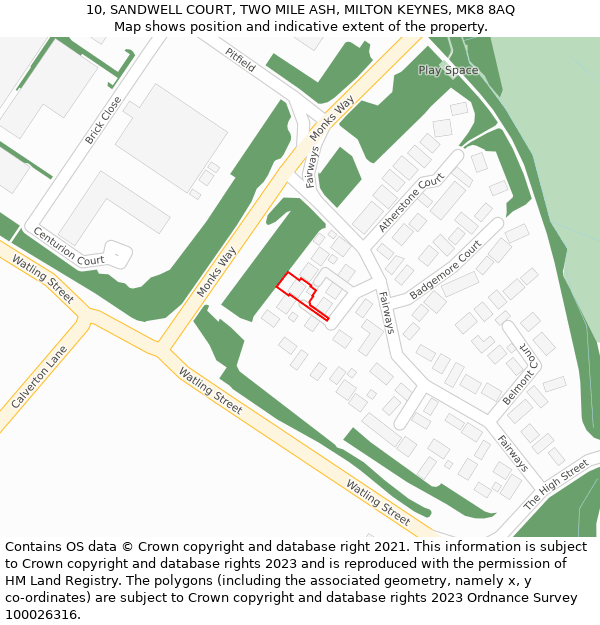 10, SANDWELL COURT, TWO MILE ASH, MILTON KEYNES, MK8 8AQ: Location map and indicative extent of plot