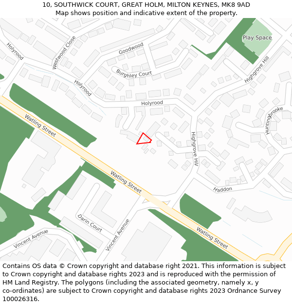 10, SOUTHWICK COURT, GREAT HOLM, MILTON KEYNES, MK8 9AD: Location map and indicative extent of plot