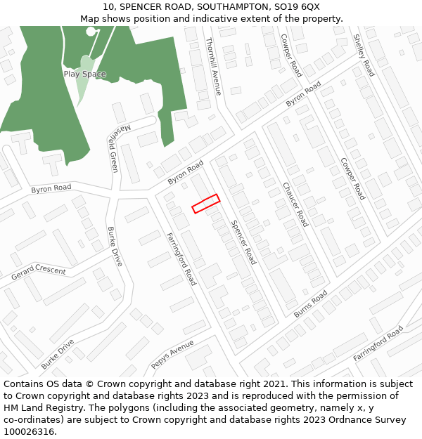 10, SPENCER ROAD, SOUTHAMPTON, SO19 6QX: Location map and indicative extent of plot