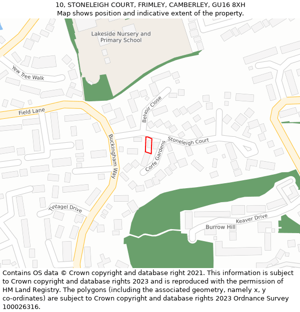 10, STONELEIGH COURT, FRIMLEY, CAMBERLEY, GU16 8XH: Location map and indicative extent of plot