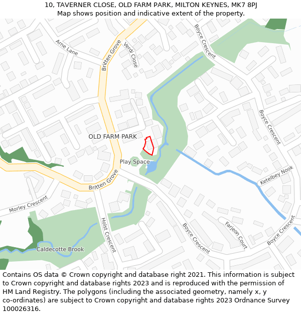 10, TAVERNER CLOSE, OLD FARM PARK, MILTON KEYNES, MK7 8PJ: Location map and indicative extent of plot