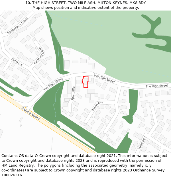 10, THE HIGH STREET, TWO MILE ASH, MILTON KEYNES, MK8 8DY: Location map and indicative extent of plot