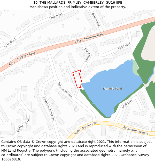 10, THE MALLARDS, FRIMLEY, CAMBERLEY, GU16 8PB: Location map and indicative extent of plot
