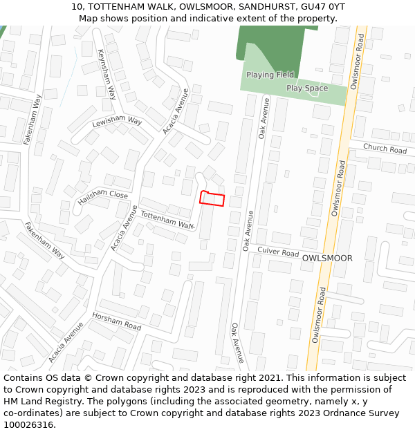 10, TOTTENHAM WALK, OWLSMOOR, SANDHURST, GU47 0YT: Location map and indicative extent of plot