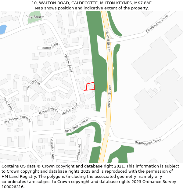 10, WALTON ROAD, CALDECOTTE, MILTON KEYNES, MK7 8AE: Location map and indicative extent of plot