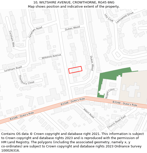 10, WILTSHIRE AVENUE, CROWTHORNE, RG45 6NG: Location map and indicative extent of plot