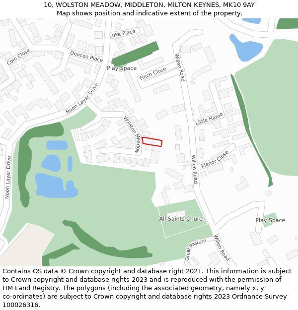 10, WOLSTON MEADOW, MIDDLETON, MILTON KEYNES, MK10 9AY: Location map and indicative extent of plot