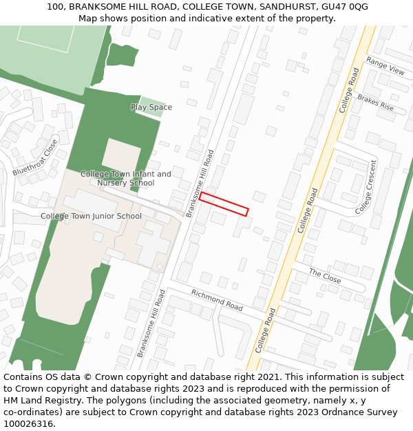 100, BRANKSOME HILL ROAD, COLLEGE TOWN, SANDHURST, GU47 0QG: Location map and indicative extent of plot