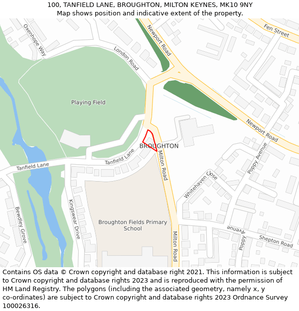 100, TANFIELD LANE, BROUGHTON, MILTON KEYNES, MK10 9NY: Location map and indicative extent of plot