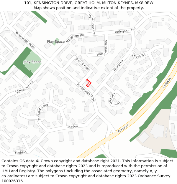 101, KENSINGTON DRIVE, GREAT HOLM, MILTON KEYNES, MK8 9BW: Location map and indicative extent of plot