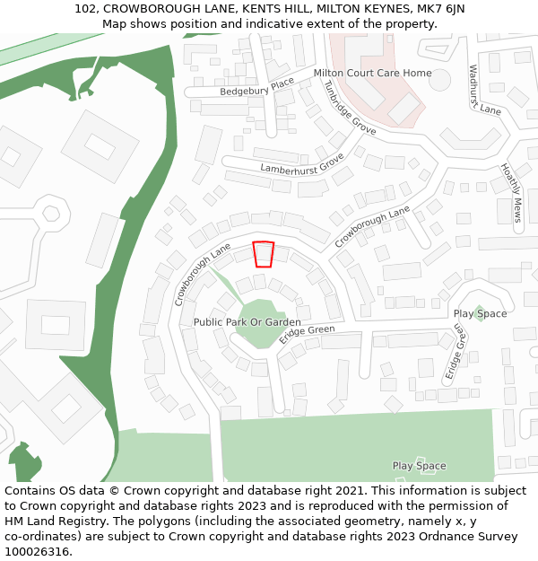 102, CROWBOROUGH LANE, KENTS HILL, MILTON KEYNES, MK7 6JN: Location map and indicative extent of plot