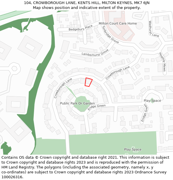 104, CROWBOROUGH LANE, KENTS HILL, MILTON KEYNES, MK7 6JN: Location map and indicative extent of plot