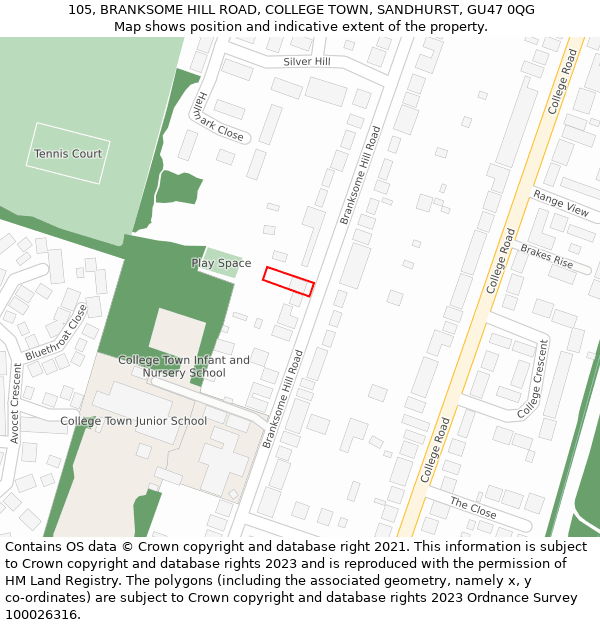 105, BRANKSOME HILL ROAD, COLLEGE TOWN, SANDHURST, GU47 0QG: Location map and indicative extent of plot