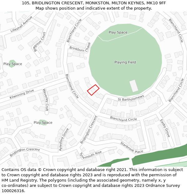 105, BRIDLINGTON CRESCENT, MONKSTON, MILTON KEYNES, MK10 9FF: Location map and indicative extent of plot