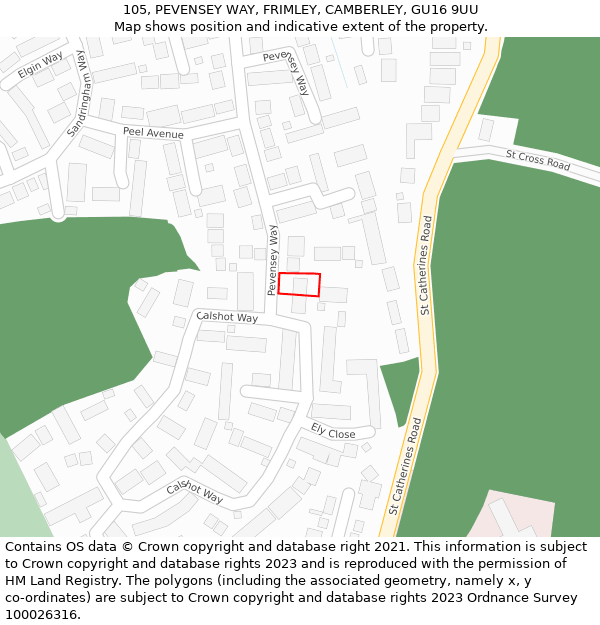 105, PEVENSEY WAY, FRIMLEY, CAMBERLEY, GU16 9UU: Location map and indicative extent of plot