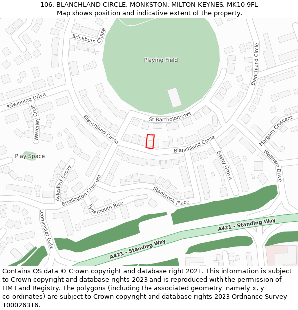106, BLANCHLAND CIRCLE, MONKSTON, MILTON KEYNES, MK10 9FL: Location map and indicative extent of plot