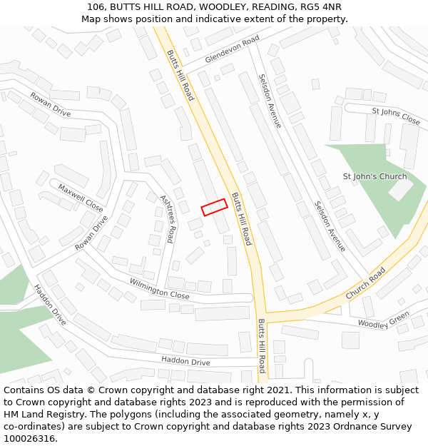 106, BUTTS HILL ROAD, WOODLEY, READING, RG5 4NR: Location map and indicative extent of plot