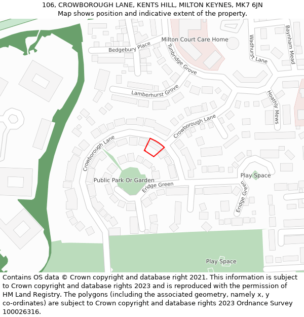 106, CROWBOROUGH LANE, KENTS HILL, MILTON KEYNES, MK7 6JN: Location map and indicative extent of plot