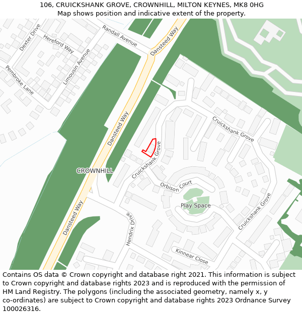 106, CRUICKSHANK GROVE, CROWNHILL, MILTON KEYNES, MK8 0HG: Location map and indicative extent of plot