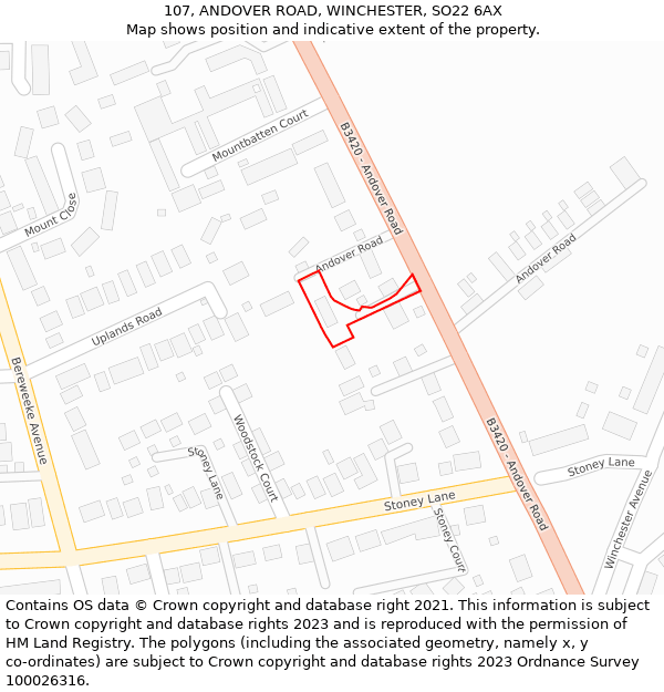 107, ANDOVER ROAD, WINCHESTER, SO22 6AX: Location map and indicative extent of plot