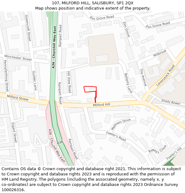 107, MILFORD HILL, SALISBURY, SP1 2QX: Location map and indicative extent of plot