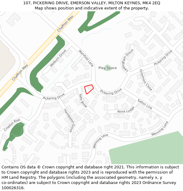 107, PICKERING DRIVE, EMERSON VALLEY, MILTON KEYNES, MK4 2EQ: Location map and indicative extent of plot