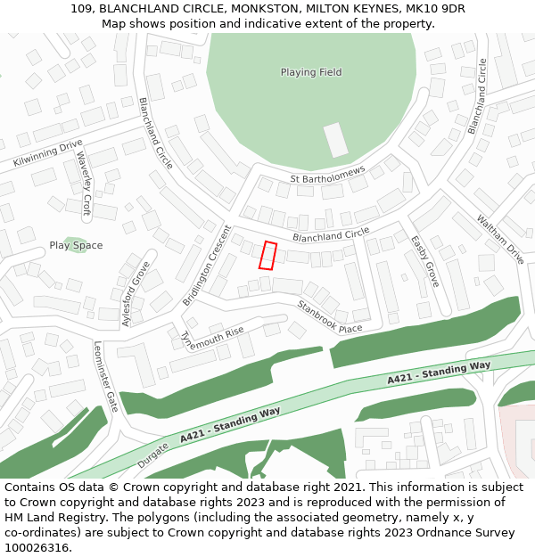 109, BLANCHLAND CIRCLE, MONKSTON, MILTON KEYNES, MK10 9DR: Location map and indicative extent of plot